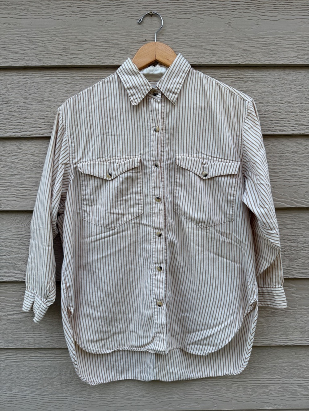 Vintage Esprit Women's Striped Button-Up Shirt in Cream and Brown - Size small